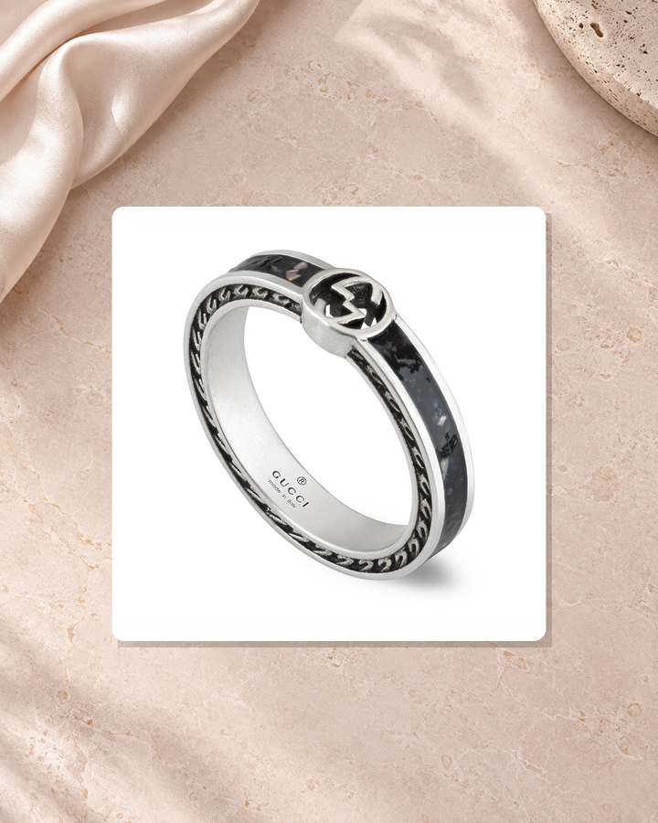 Gucci Interlocking Sterling Silver and Black Enamel Ring Size 7.25 YBC701620001012 lifestyle view