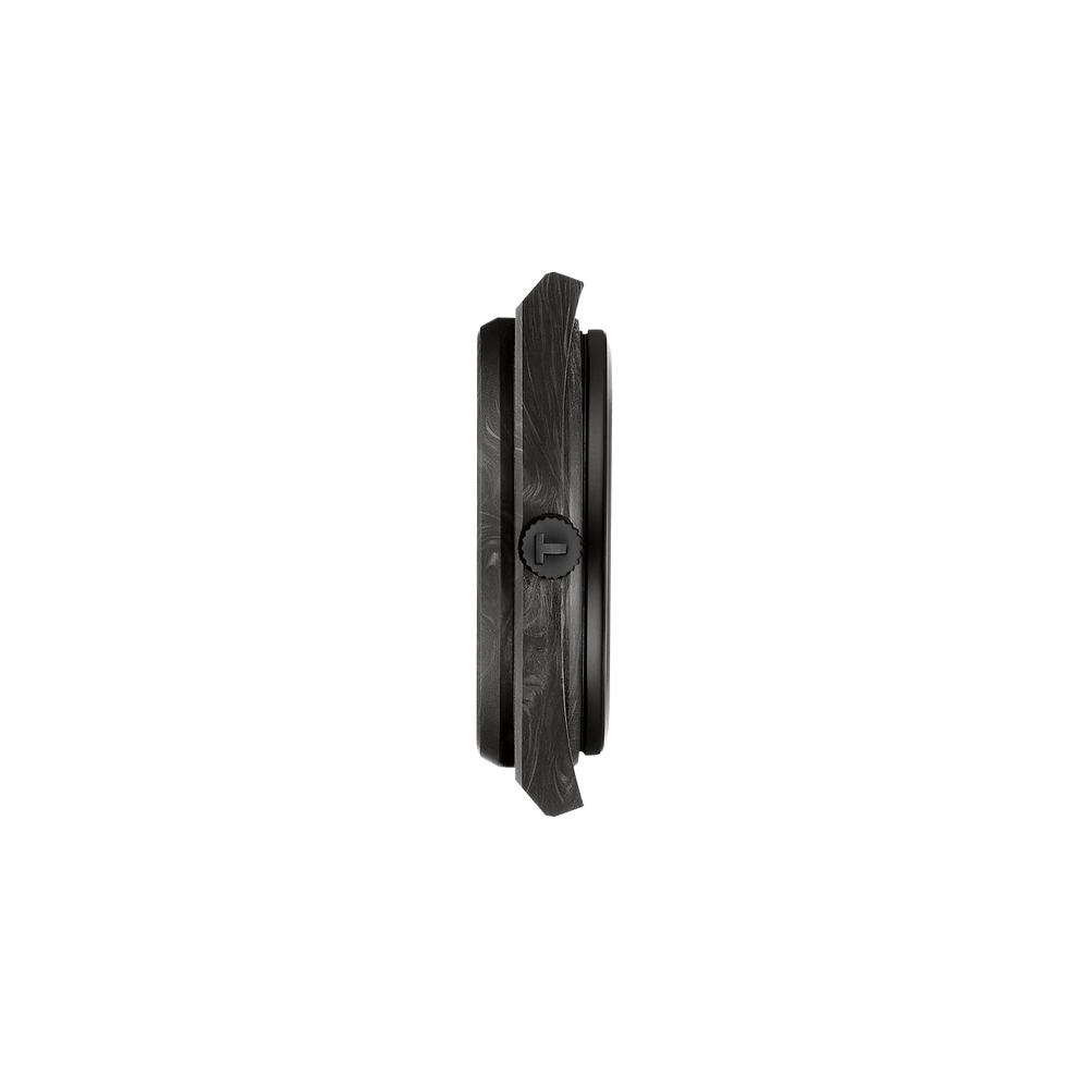 Profile view of the watch case Tissot PRX Carbon 40.5mm, reference T137.907.97.201.00