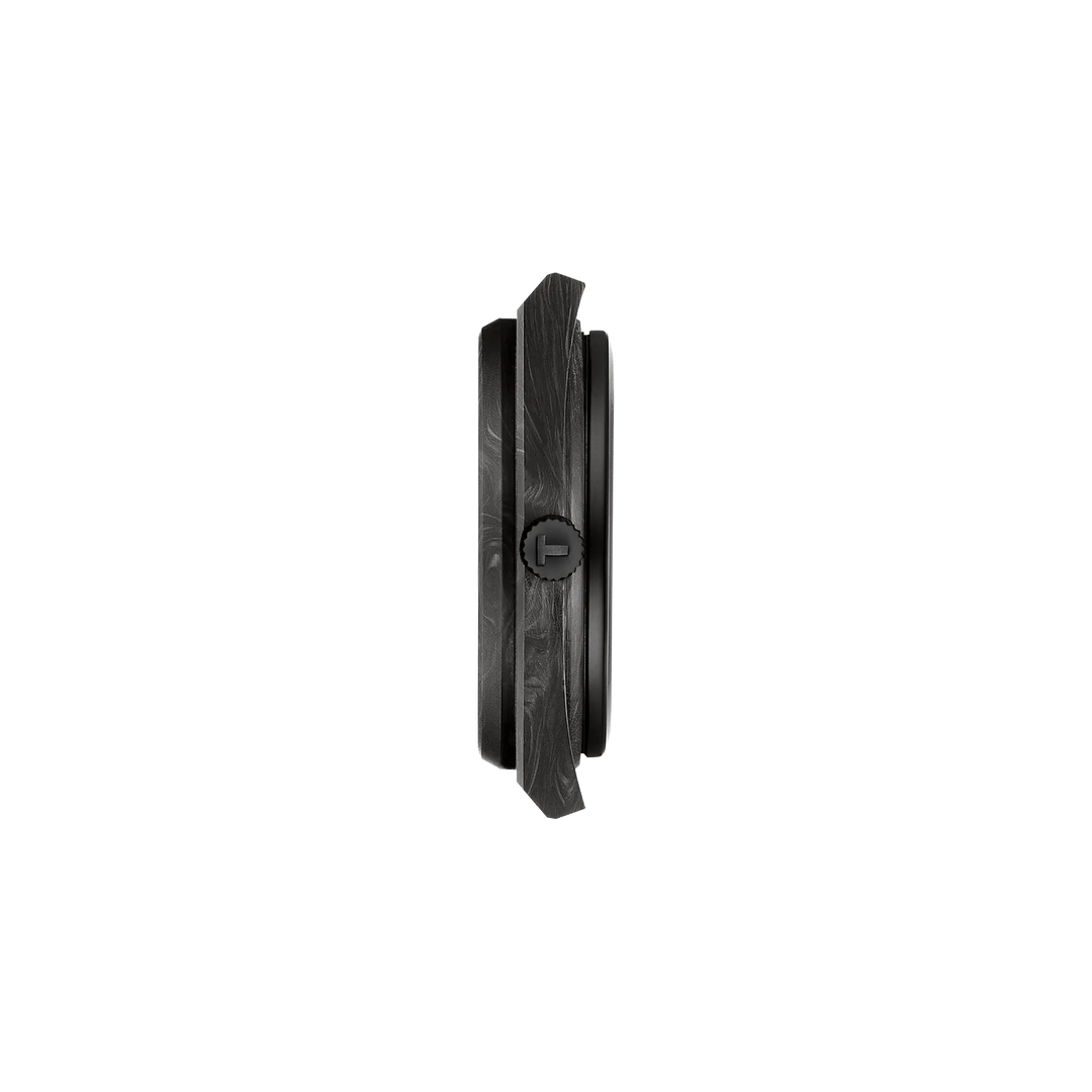 Profile view of the watch case Tissot PRX Carbon 40.5mm, reference T137.907.97.201.00