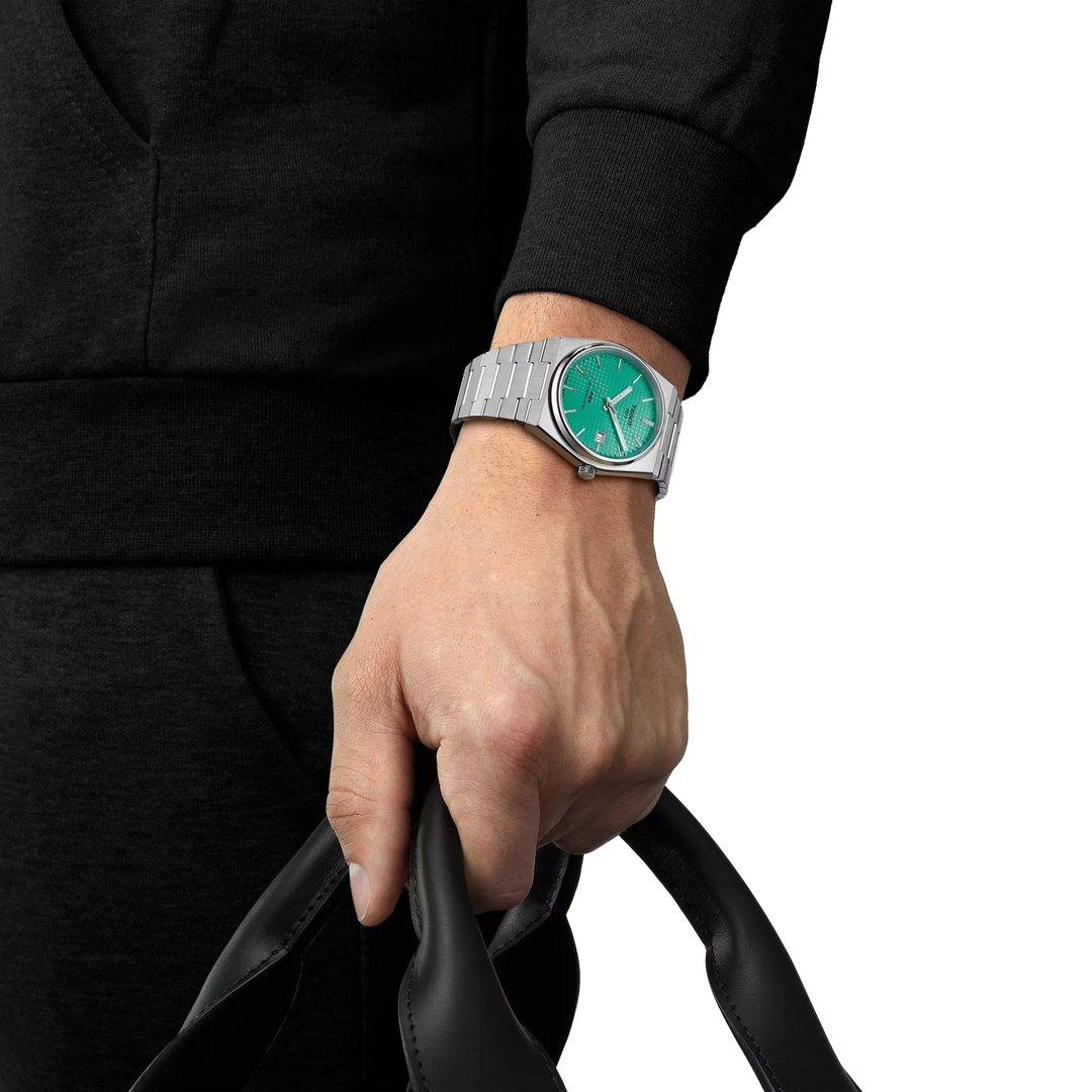 Simulation of the watch Tissot PRX 40mm on a wrist, reference T137.407.11.091.01