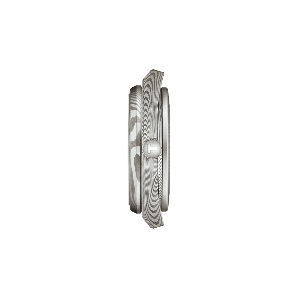 Profile view of the watch case Tissot PRX Damascus Steel 38mm, reference T137.807.96.081.00