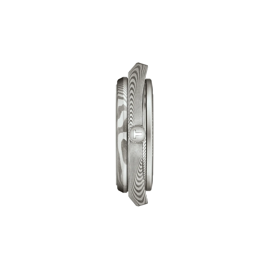 Profile view of the watch case Tissot PRX Damascus Steel 38mm, reference T137.807.96.081.00