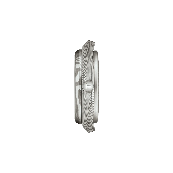 Profile view of the watch case Tissot PRX Damascus Steel 38mm, reference T137.807.96.081.00