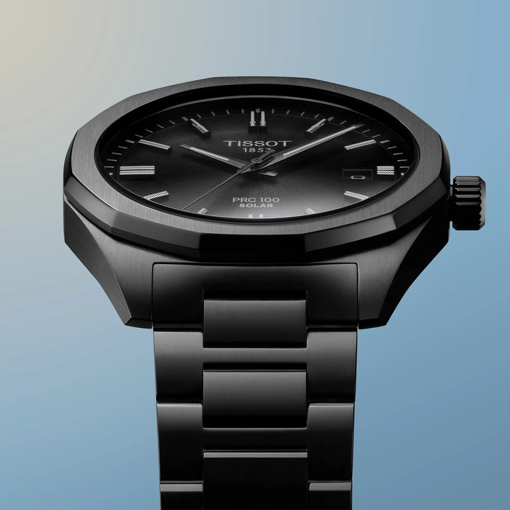 Tissot PRC 100 Solar 39mm watch on a colored background, reference T151.422.33.051.00