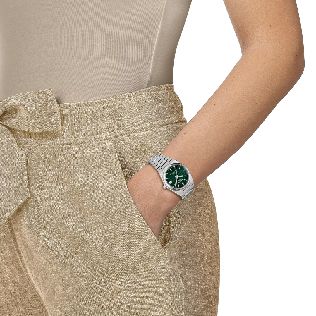 Simulation of the watch Tissot PRX 35mm on a wrist, reference T137.207.11.091.00