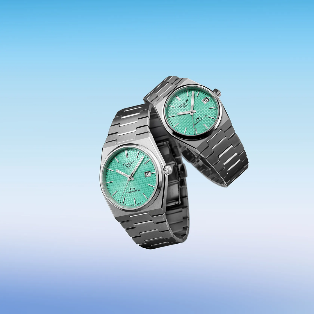 Tissot PRX 40mm watch on a colored background, reference T137.407.11.091.01