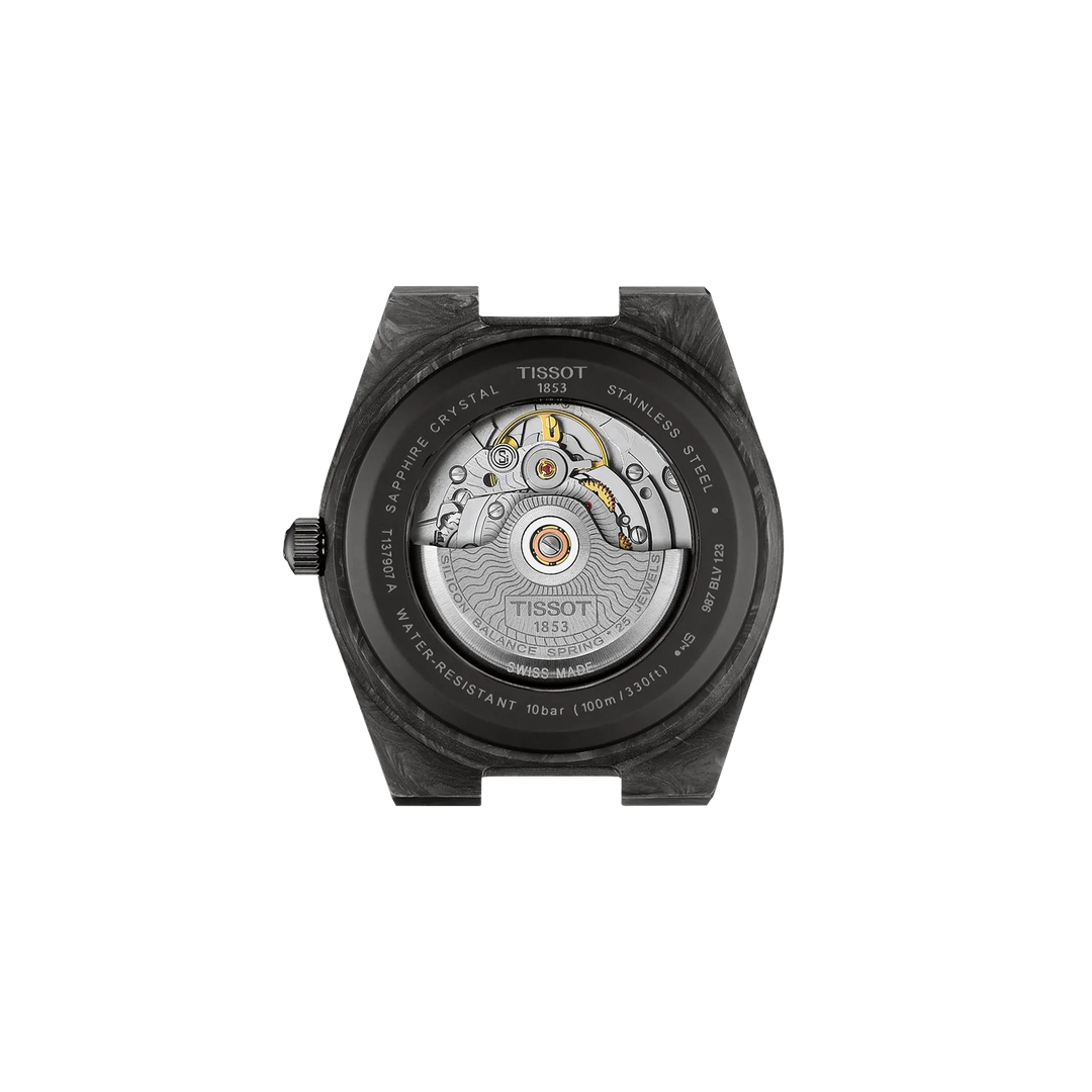 Back view of the watch case Tissot PRX Carbon 40.5mm, reference T137.907.97.201.00
