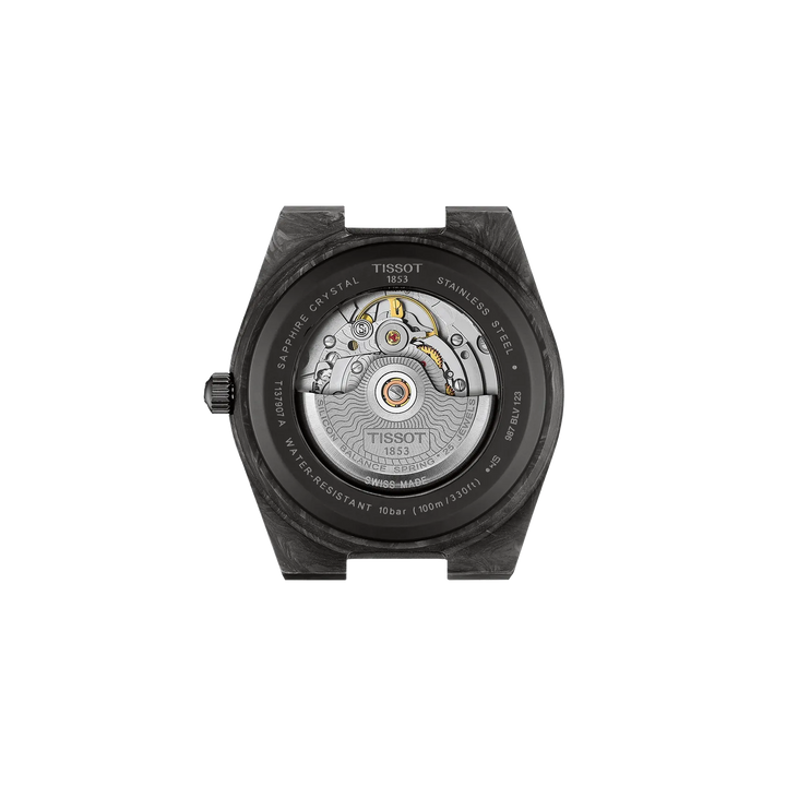 Back view of the watch case Tissot PRX Carbon 40.5mm, reference T137.907.97.201.00