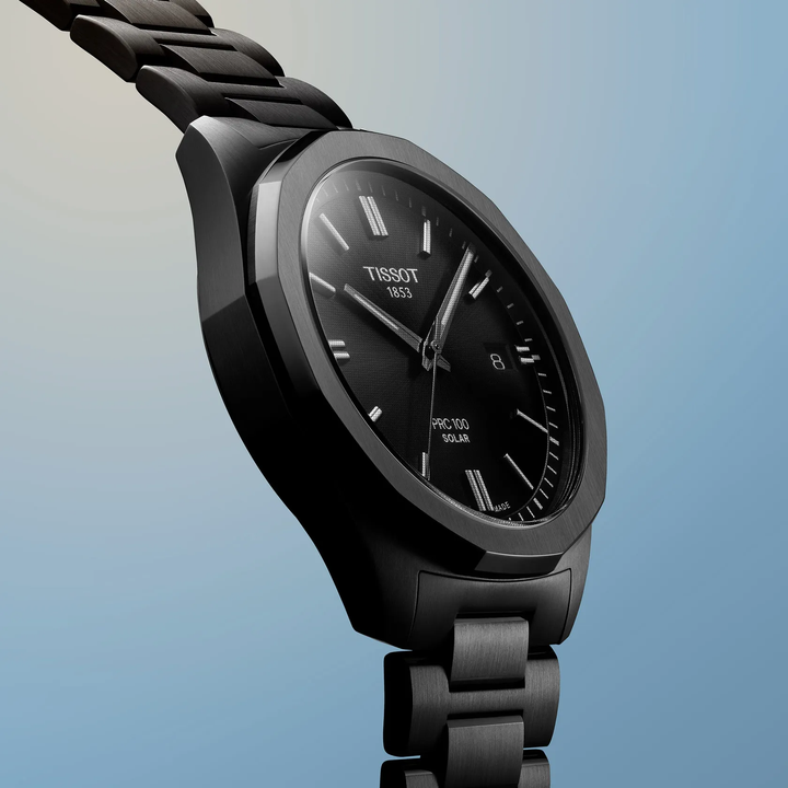 Tissot PRC 100 Solar 39mm watch on a colored background, reference T151.422.33.051.00