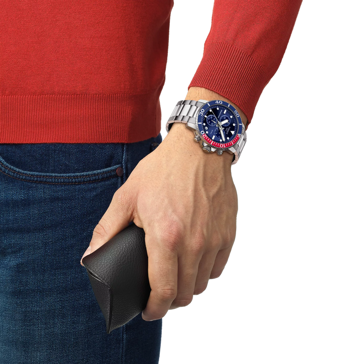 Simulation of the watch Tissot Seastar 1000 45.5mm on a wrist, reference T120.417.11.041.03