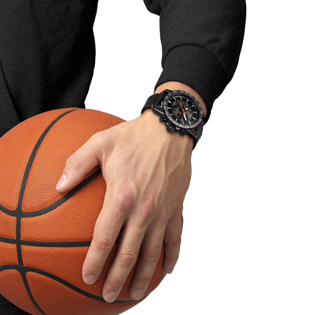 Simulation of the watch Tissot Supersport Chrono Basketball Edition 45.5mm on a wrist, reference T125.617.36.081.00