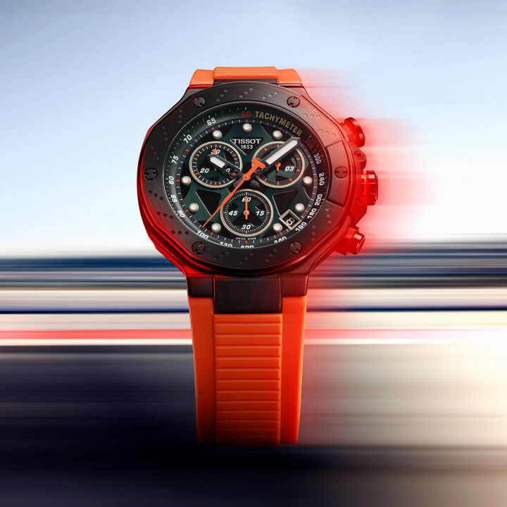Tissot T-Race 45mm watch on a colored background, reference T141.417.37.051.02