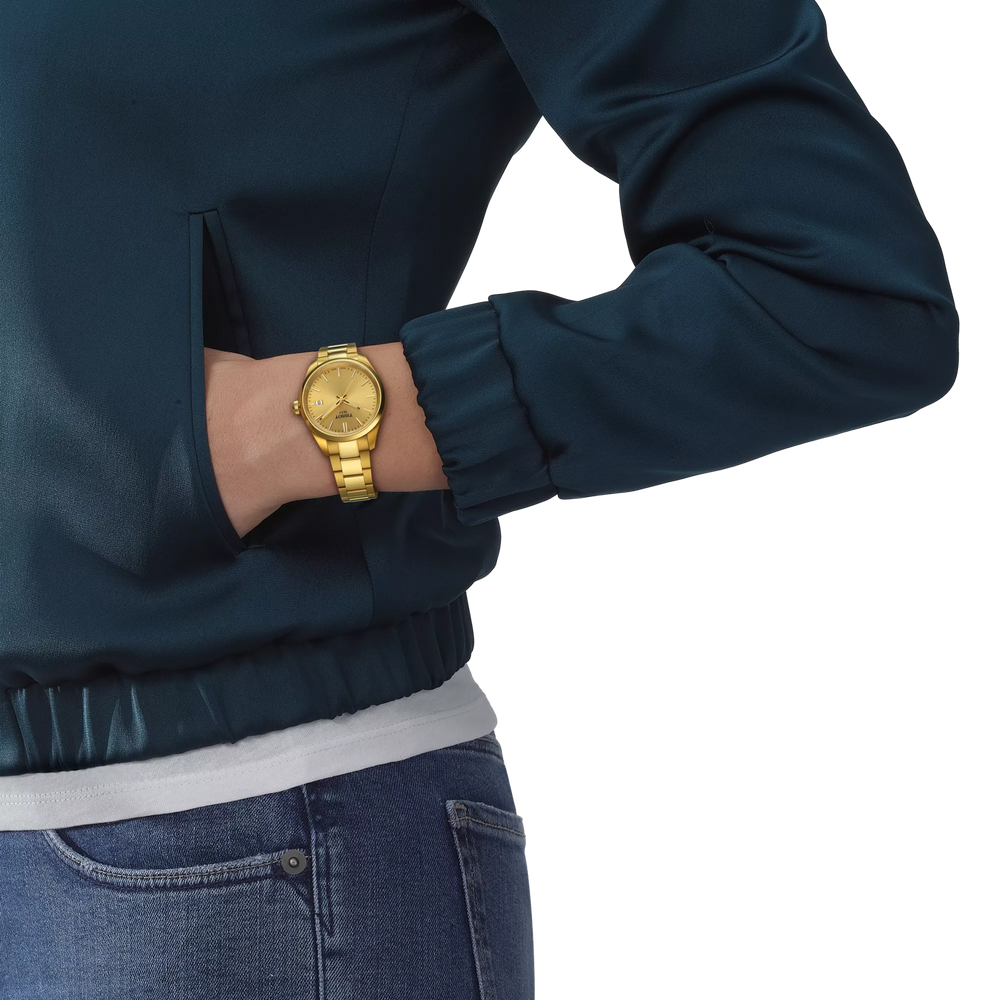 Simulation of the watch Tissot PR 100 34mm on a wrist, reference T150.210.33.021.00