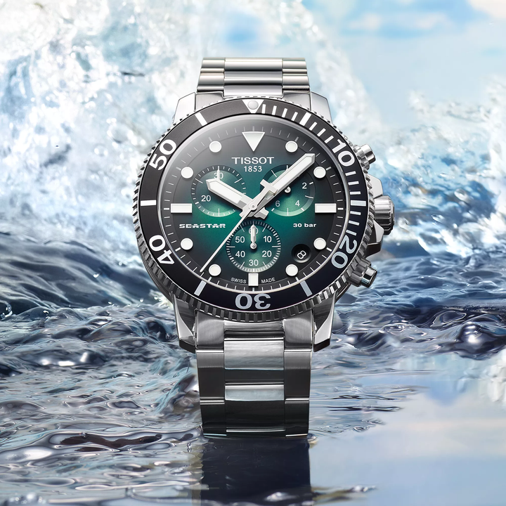 Tissot Seastar 1000 45.5mm watch on a colored background, reference T120.417.11.091.01