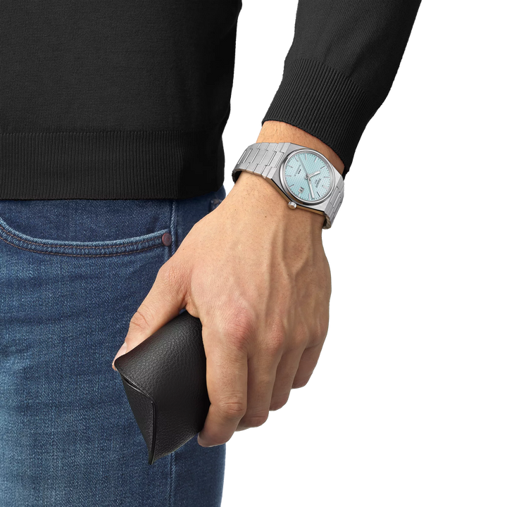 Simulation of the watch Tissot PRX 40mm on a wrist, reference T137.407.11.351.00