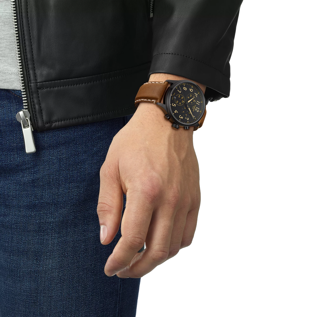Simulation of the watch Tissot Chrono XL 45mm on a wrist, reference T116.617.36.052.03