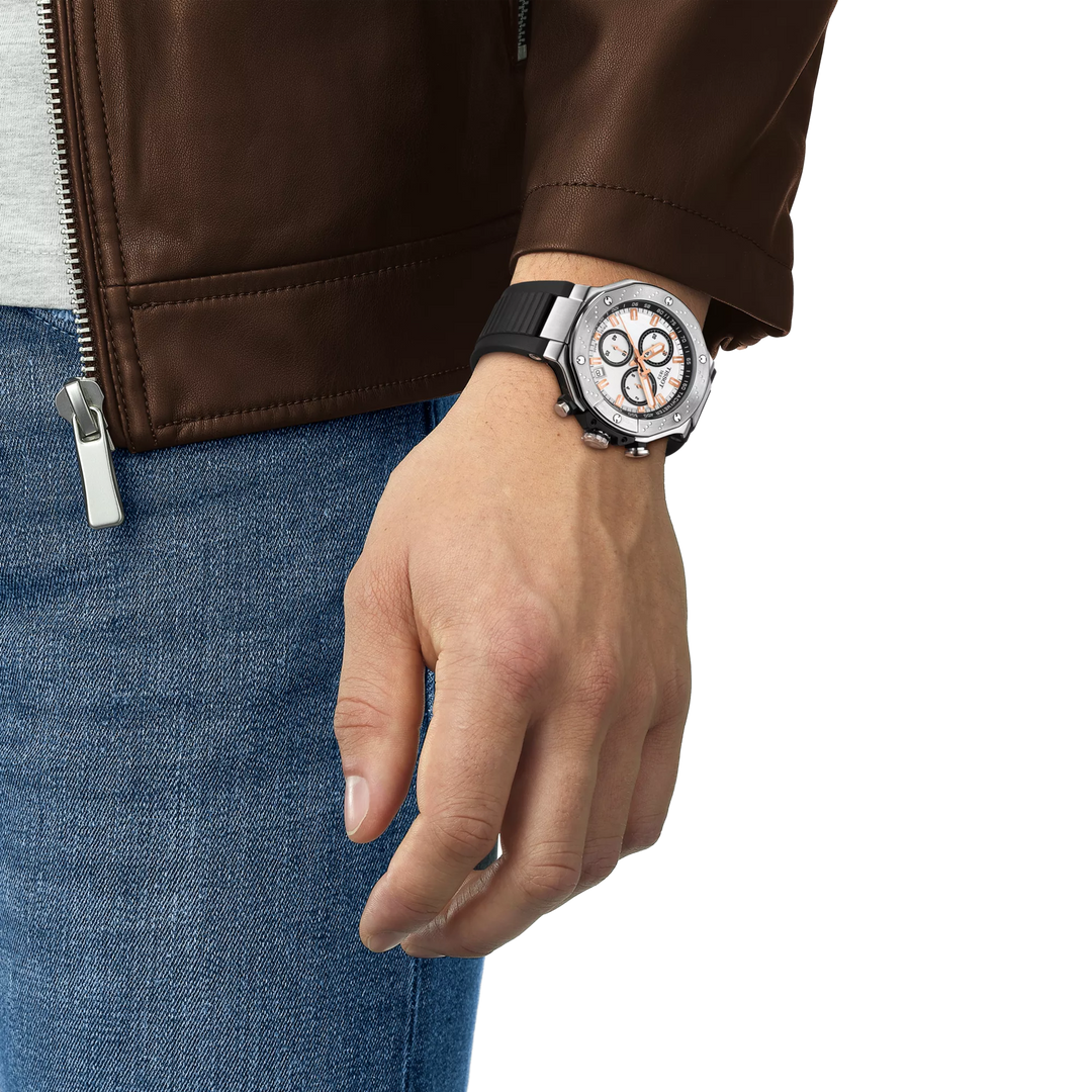 Simulation of the watch Tissot T-Race 45mm on a wrist, reference T141.417.17.011.00