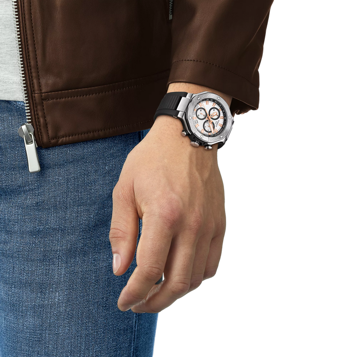Simulation of the watch Tissot T-Race 45mm on a wrist, reference T141.417.17.011.00