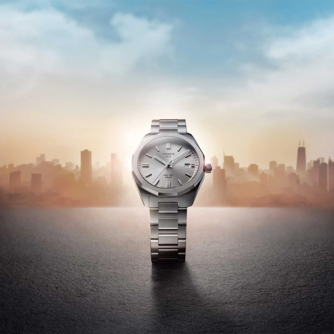 Tissot PRC 100 Solar 39mm watch on a colored background, reference T151.422.11.031.00