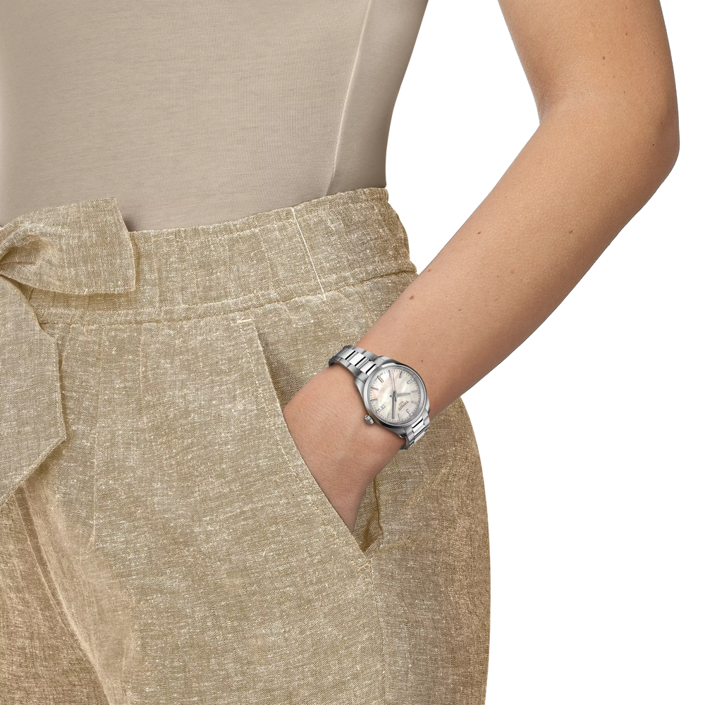 Simulation of the watch Tissot PR 100 34mm on a wrist, reference T150.210.11.116.00