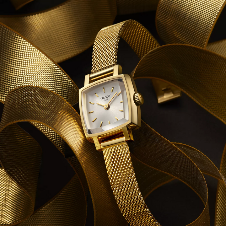 Tissot Lovely Square 20x20mm watch on a colored background, reference T058.109.33.031.00