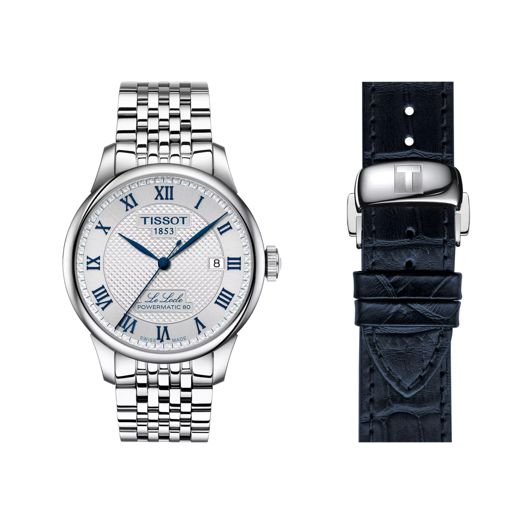 Front view of the watch Tissot Le Locle 20th Anniversary 39.3mm with additional bracelet, reference T006.407.11.033.03
