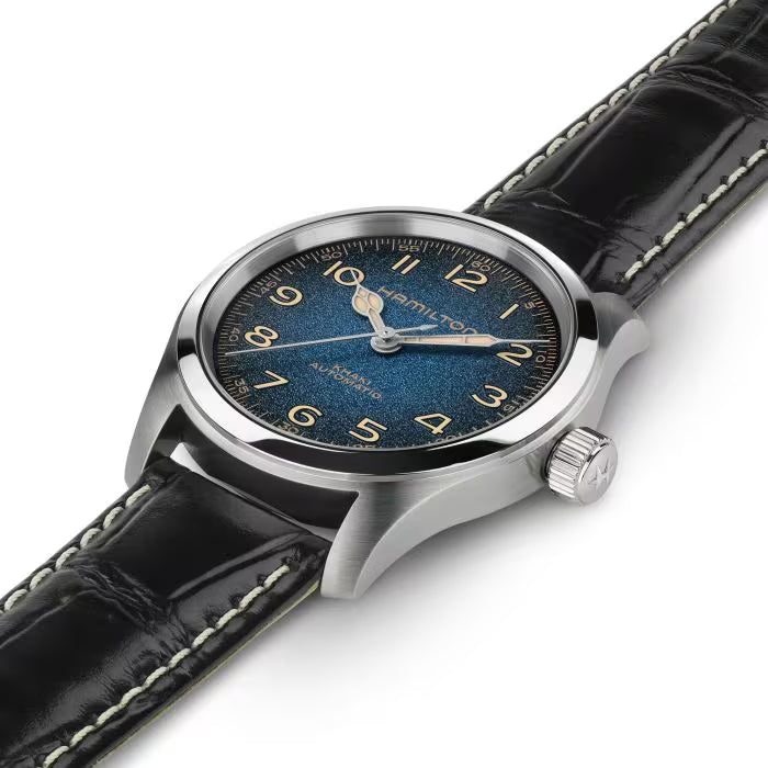 Hamilton Khaki Field Murph H70405740 leather strap laid view