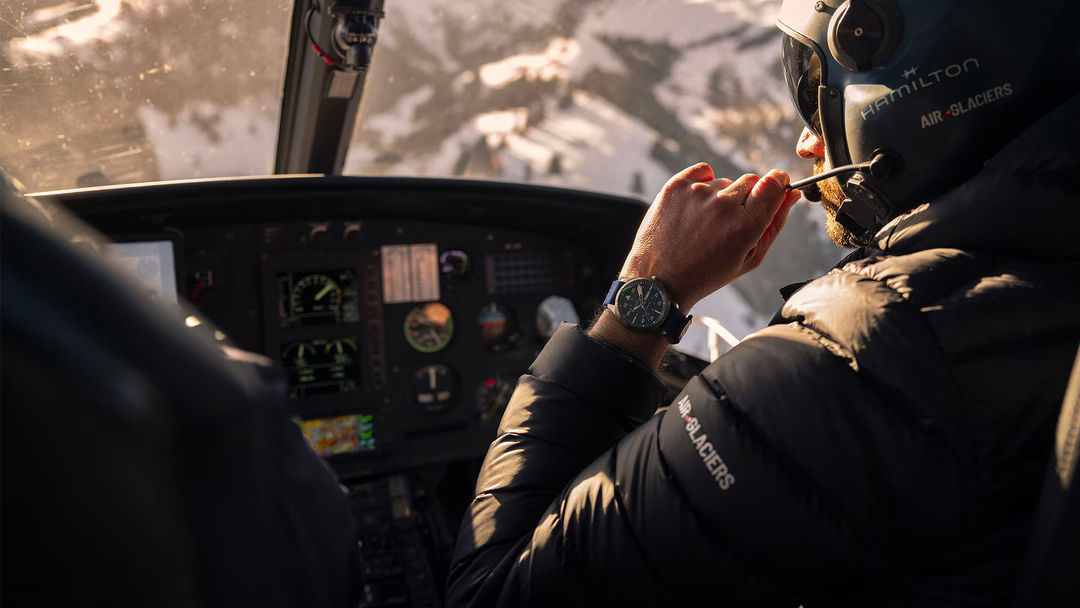 Hamilton Khaki Aviation Pilot Day Date Auto Air-Glaciers Edition H64655941 worn on wrist