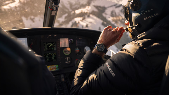 Hamilton Khaki Aviation Pilot Day Date Auto Air-Glaciers Edition H64655941 worn on wrist