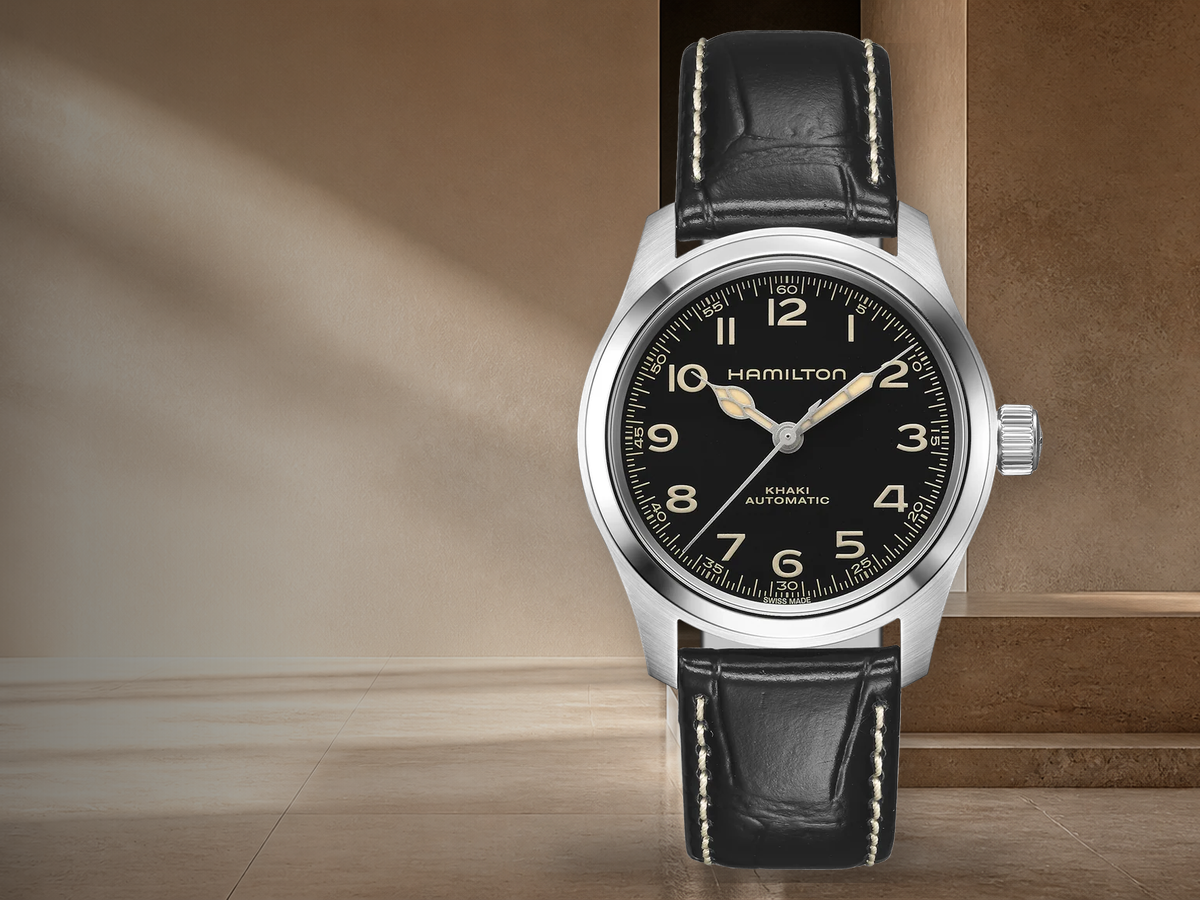Hamilton watches Canada mobile banner featuring an authentic Hamilton Khaki Field Murph watch