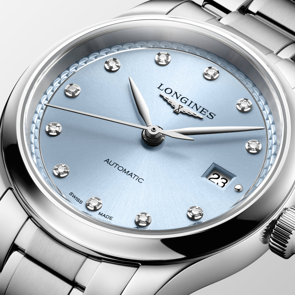 Longines Master Collection L2.449.4.97.6 frosted blue dial detail