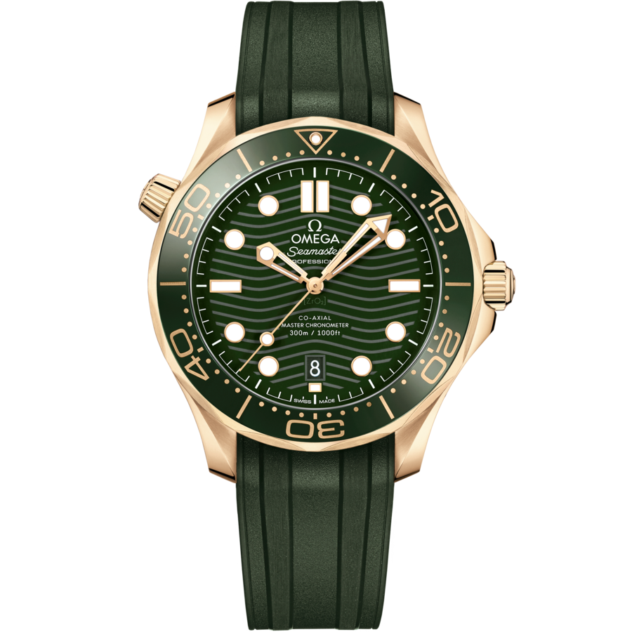 OMEGA Seamaster Diver 300M 210.62.42.20.10.001 in Moonshine Gold with green dial and rubber strap