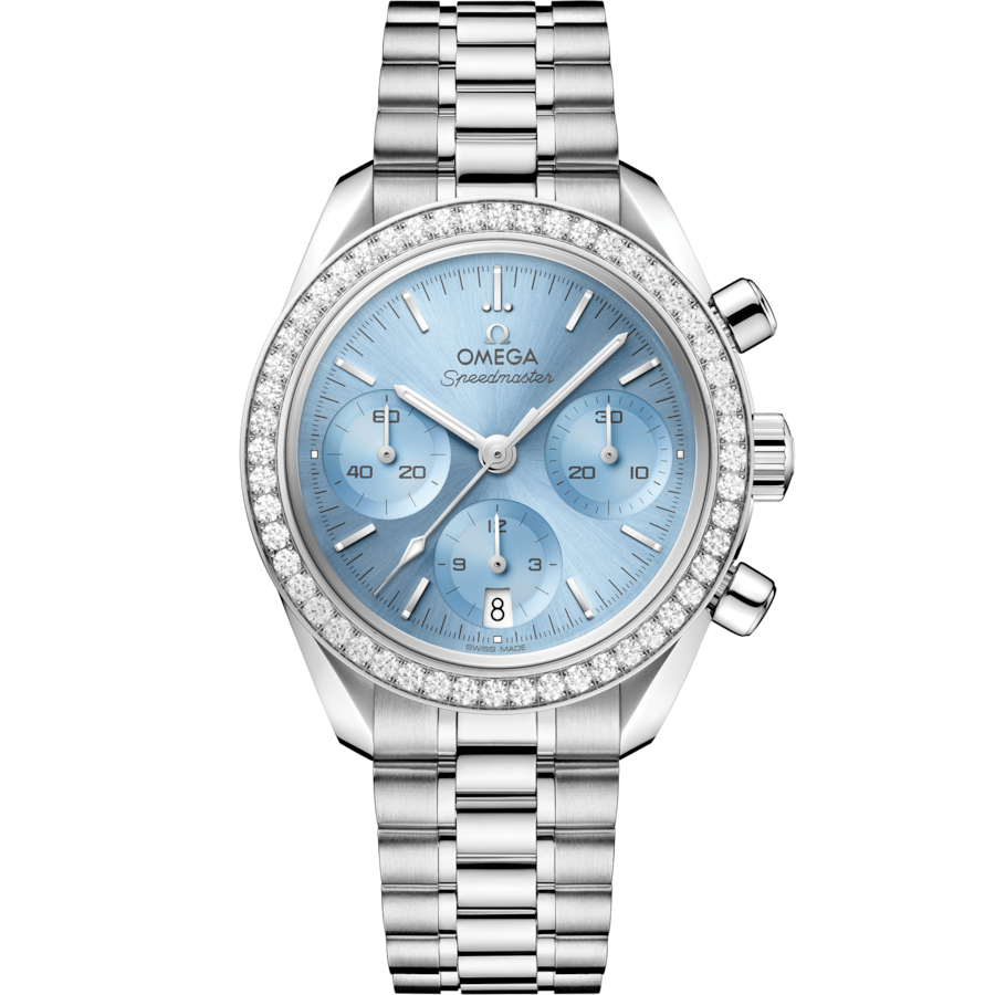 OMEGA Speedmaster 38 mm ice blue dial watch 324.15.38.50.03.001 front view