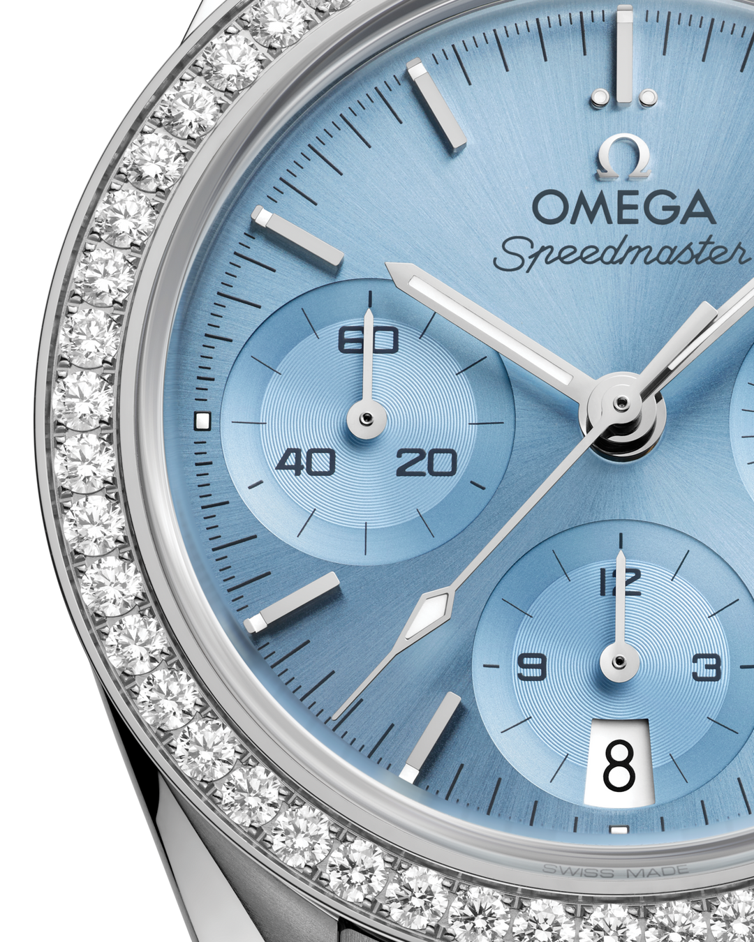 OMEGA Speedmaster 38 mm ice blue dial watch 324.15.38.50.03.001 official view 3