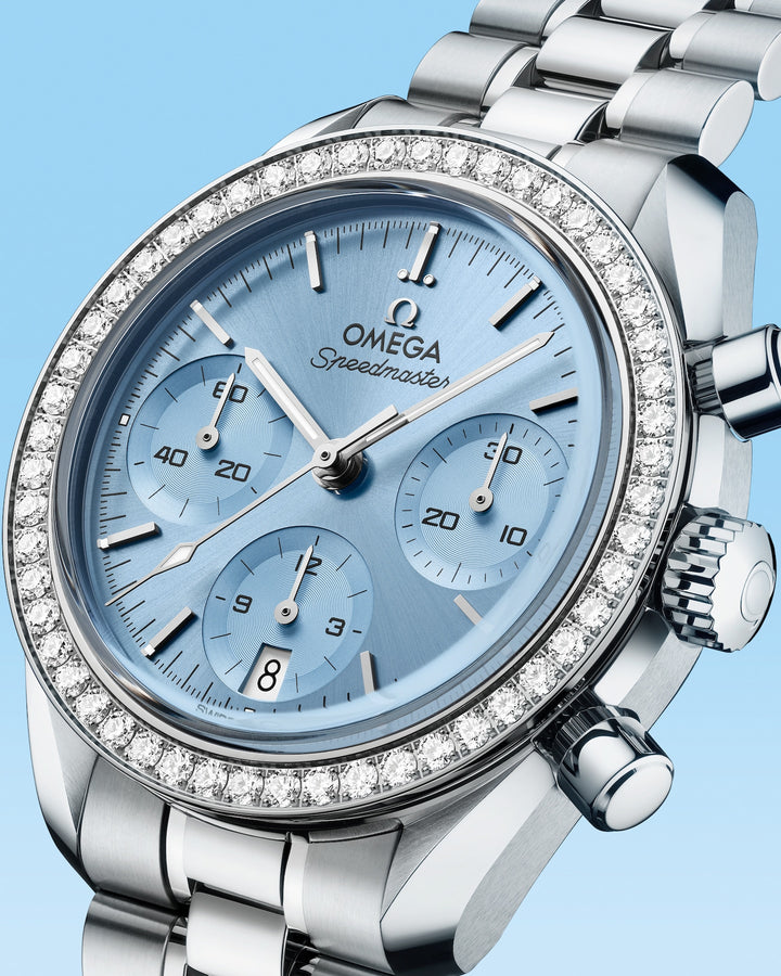 OMEGA Speedmaster 38 mm ice blue dial watch 324.15.38.50.03.001 official view 4