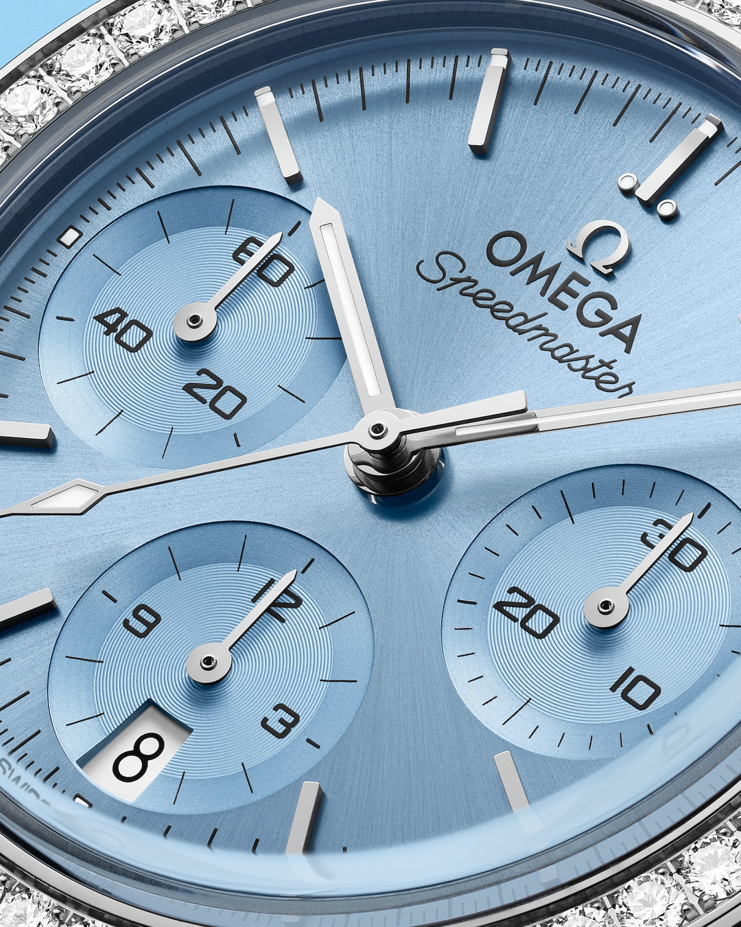 OMEGA Speedmaster 38 mm ice blue dial watch 324.15.38.50.03.001 official view 5
