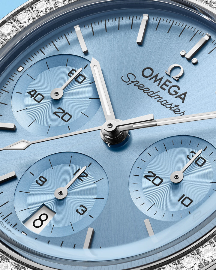 OMEGA Speedmaster 38 mm ice blue dial watch 324.15.38.50.03.001 official view 5