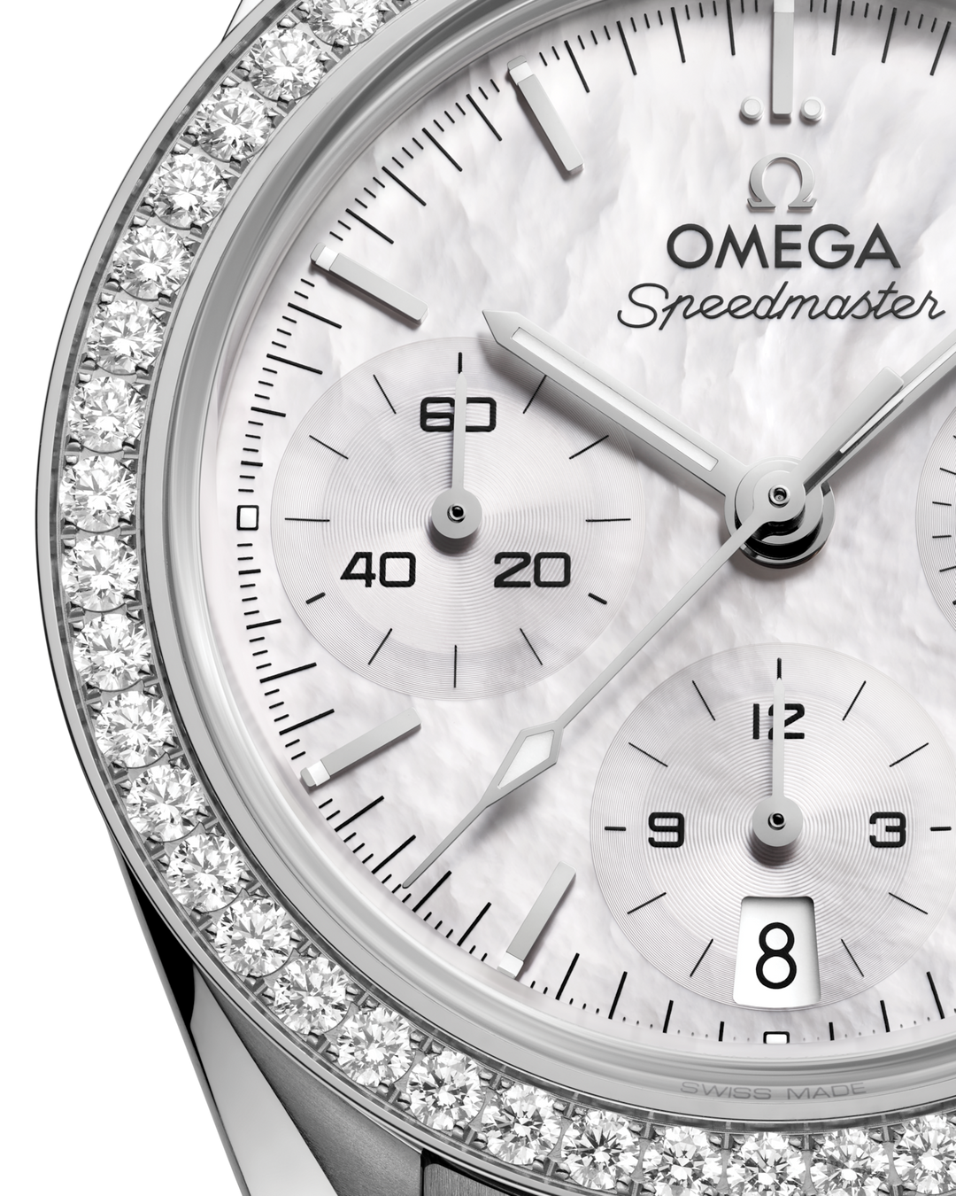 OMEGA Speedmaster 38 mm white mother-of-pearl dial watch 324.15.38.50.05.001 official view 3