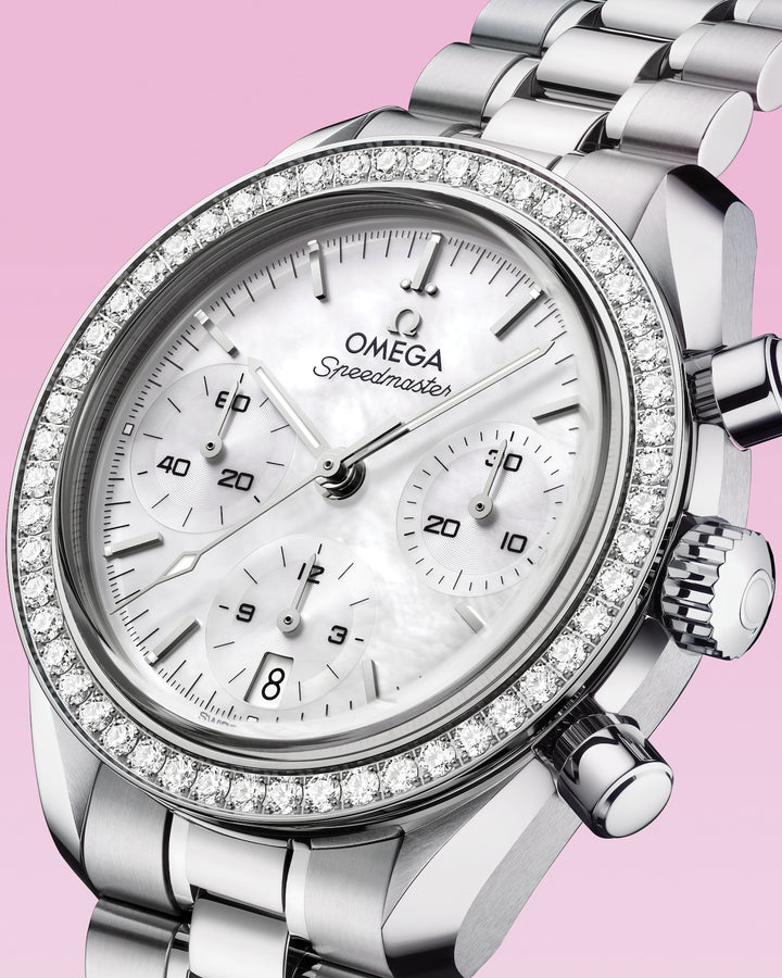OMEGA Speedmaster 38 mm white mother-of-pearl dial watch 324.15.38.50.05.001 official view 4