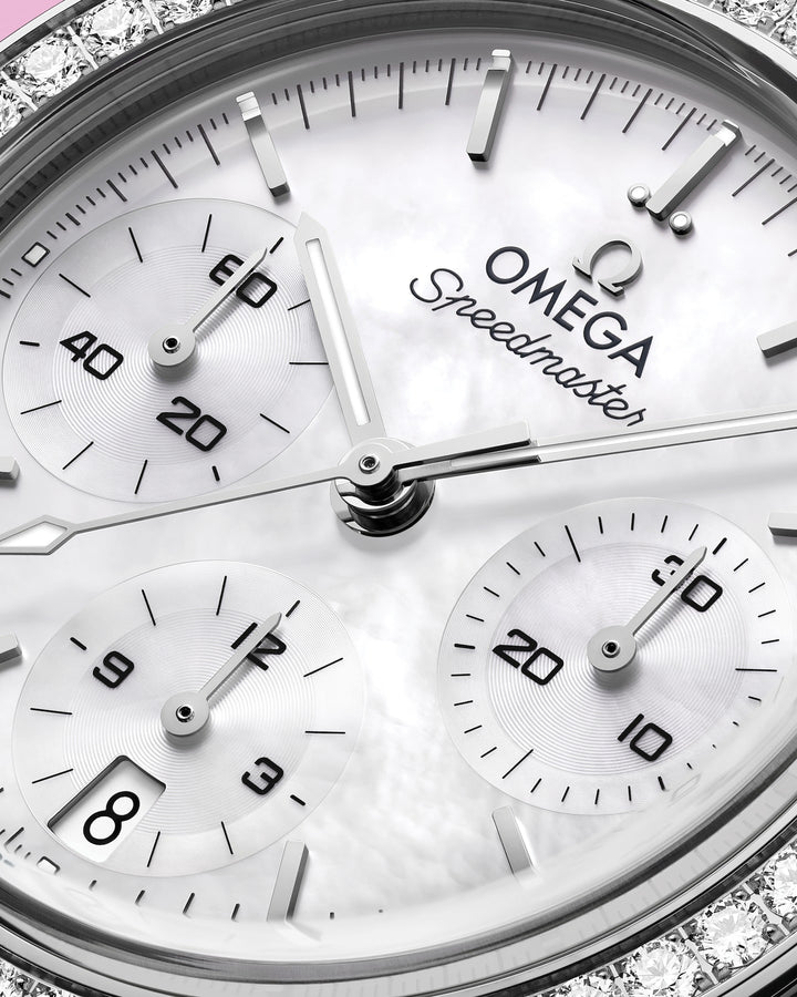OMEGA Speedmaster 38 mm white mother-of-pearl dial watch 324.15.38.50.05.001 official view 5
