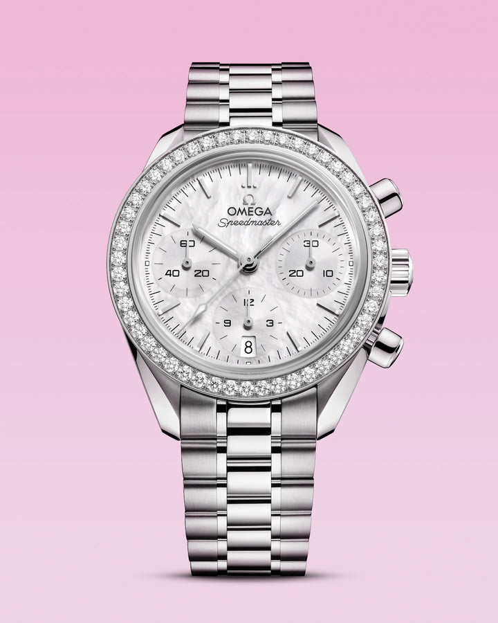 OMEGA Speedmaster 38 mm white mother-of-pearl dial watch 324.15.38.50.05.001 official view 6