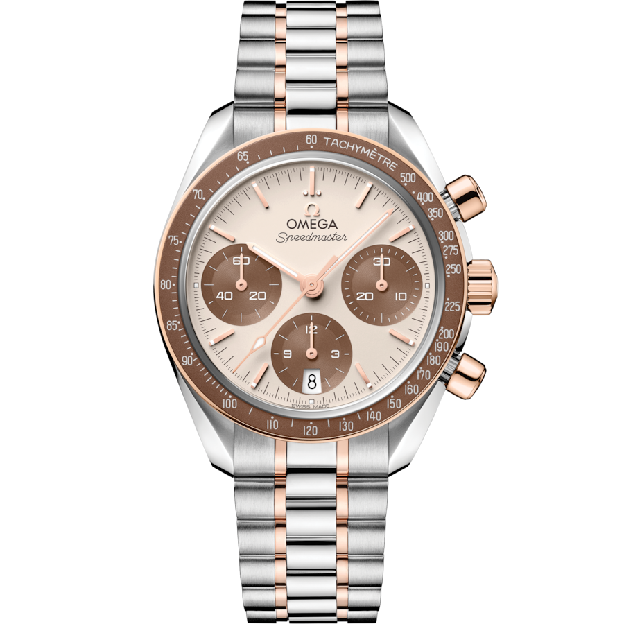 OMEGA Speedmaster 38 mm ivory dial and Sedna gold watch 324.20.38.50.02.002 front view