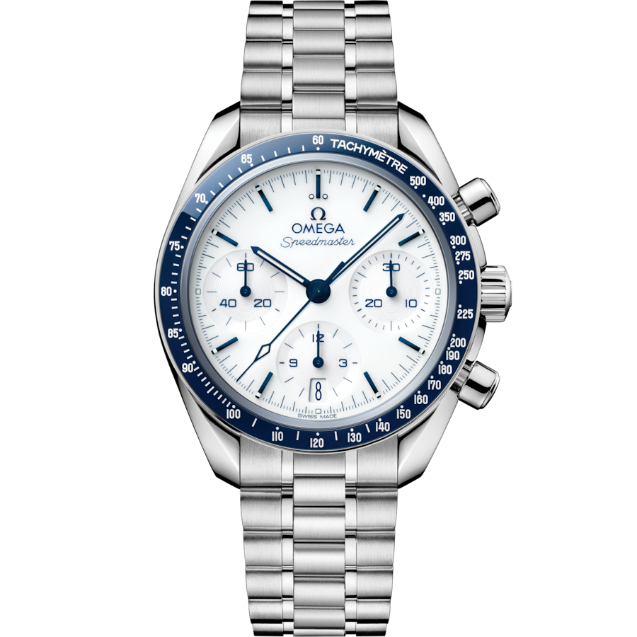 OMEGA Speedmaster 38 mm white dial watch 324.30.38.50.04.001 front view