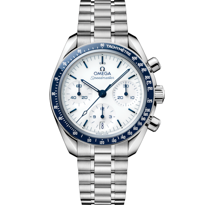 OMEGA Speedmaster 38 mm white dial watch 324.30.38.50.04.001 front view