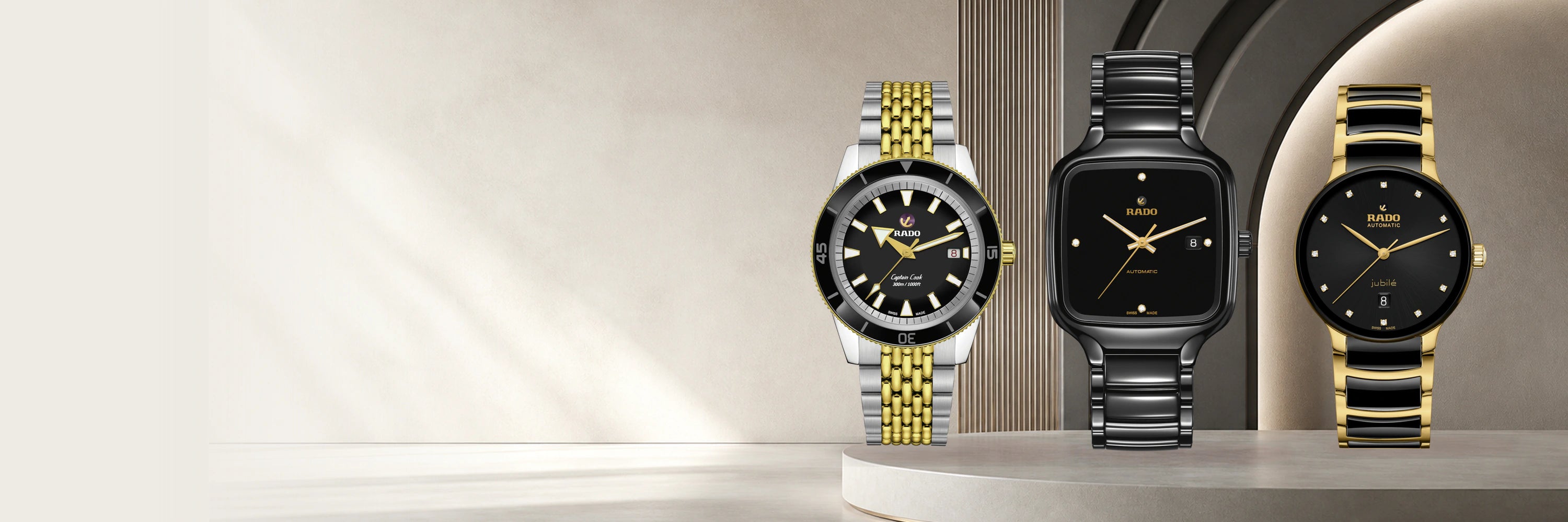 Rado watches Canada collection banner featuring authentic Captain Cook, True Square and Centrix models