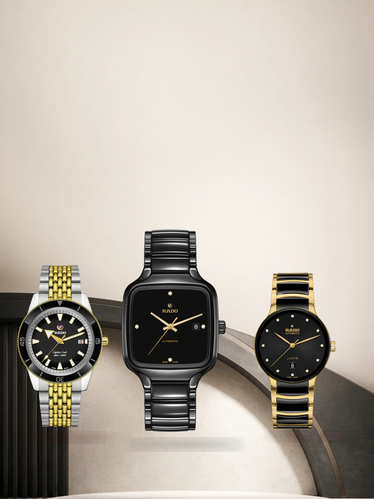 Rado watches Canada mobile banner featuring authentic Captain Cook, True Square and Centrix models