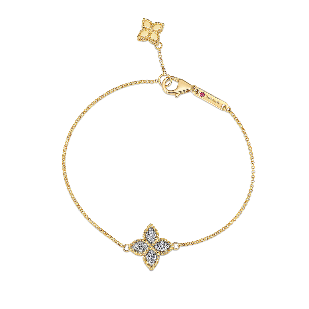 Roberto Coin Princess Flower diamond charm bracelet in yellow and white gold — 7771390AJLBX