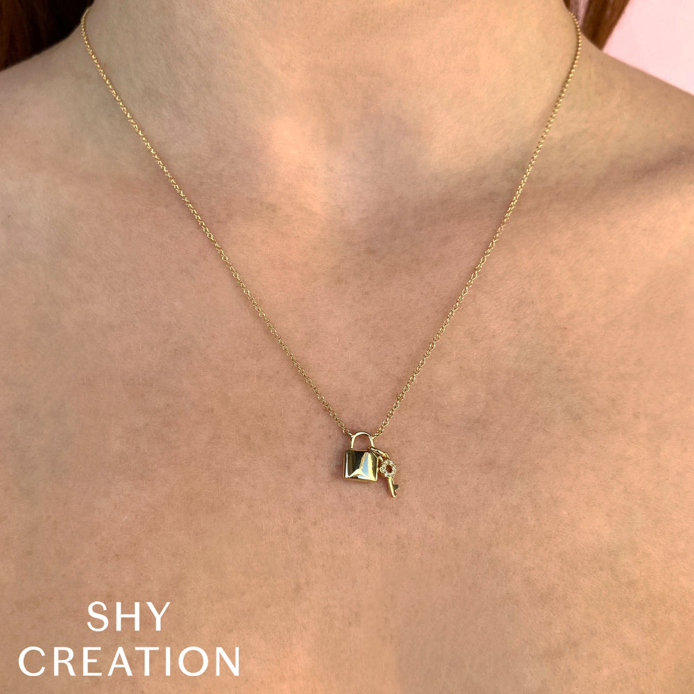 Shy Creation 0.02 ct Diamond Lock & Key Necklace in 14K Yellow Gold — SC55024796 — worn view