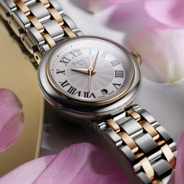 Tissot Bellissima 26mm watch on a colored background, reference T126.010.22.013.01