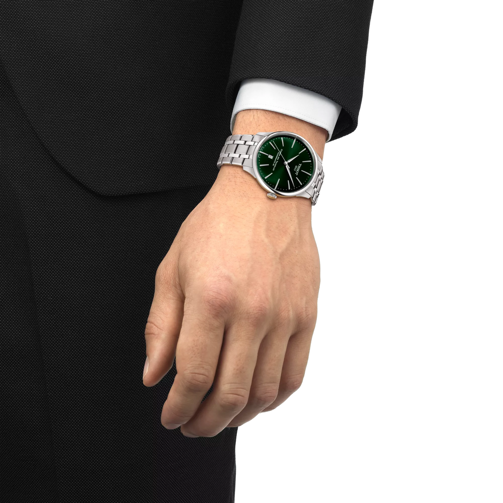 Simulation of the watch Tissot Chemin des Tourelles 42mm on a wrist, reference T139.407.11.091.00